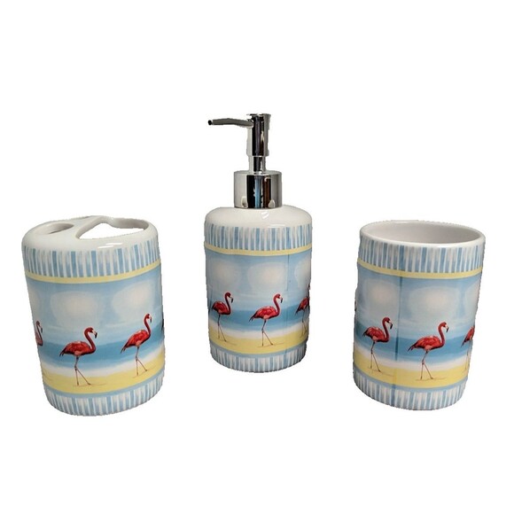 Flamingos On Beach Ceramic Bath Set Dispenser Toothbrush Holder Tumbler Gift NEW - Picture 1 of 7